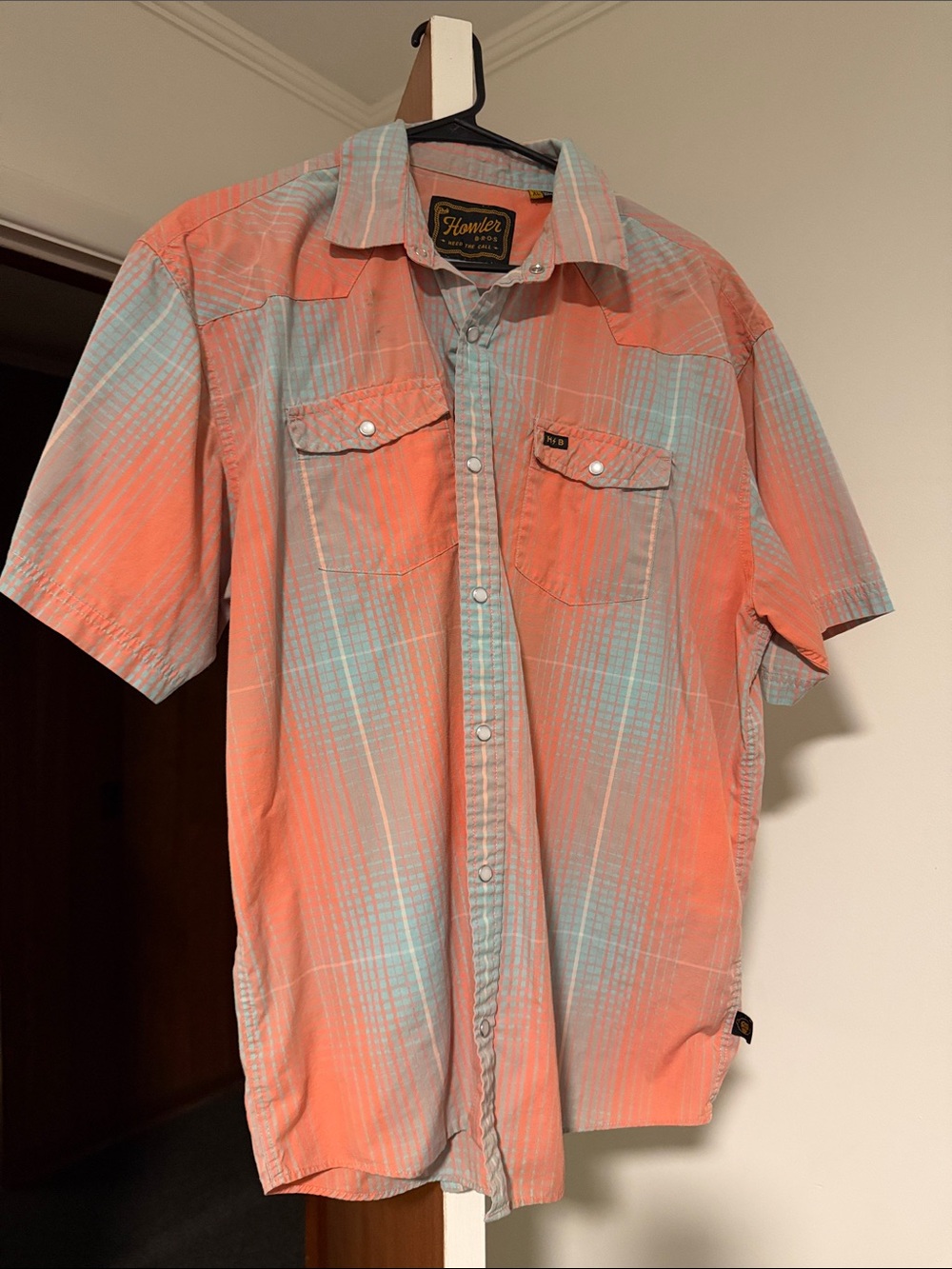 Howler Brothers Orange and Blue Plaid Short-Sleeve Button-Down